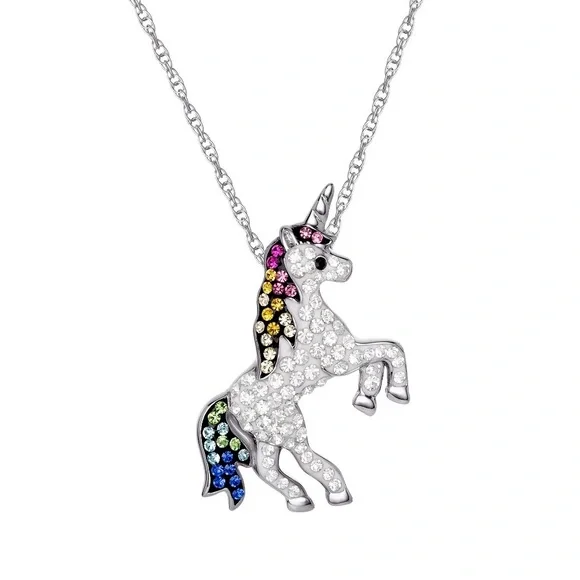 925 Sterling Silver Unicorn Necklace With Multicolor Genuine Crystal Accents - Picture 1 of 2